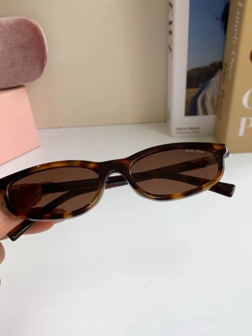MIU MIU Tortoise Shell Oval Sunglasses Brown Lens Gold Logo - Picture 5 of 8